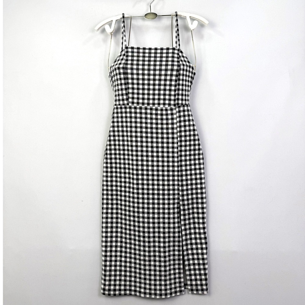 Zara Womens Gingham Check Midi Dress Black White Spaghetti Strap Side Slit S